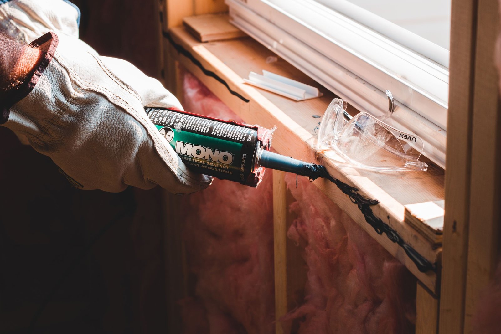Caulk gun sealing the gap around a window frame during window caulking - Homex Builders